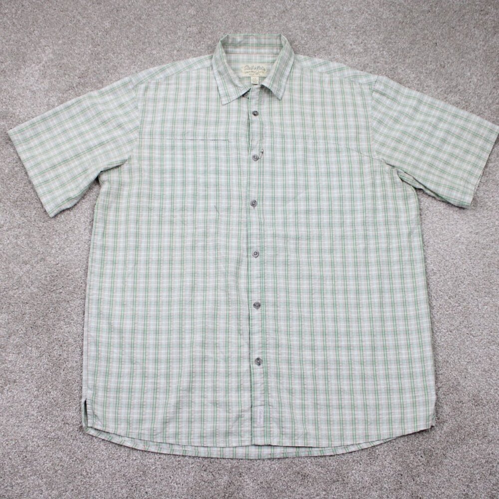 Cabela's Seersucker Shirt Mens Large Reg Green/Gray Plaid Short Sleeve Button Up